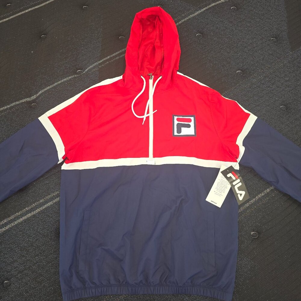 Fila Heritage Men's Red & Blue Quarter Zip Hooded Windbreaker Jacket Size Medium